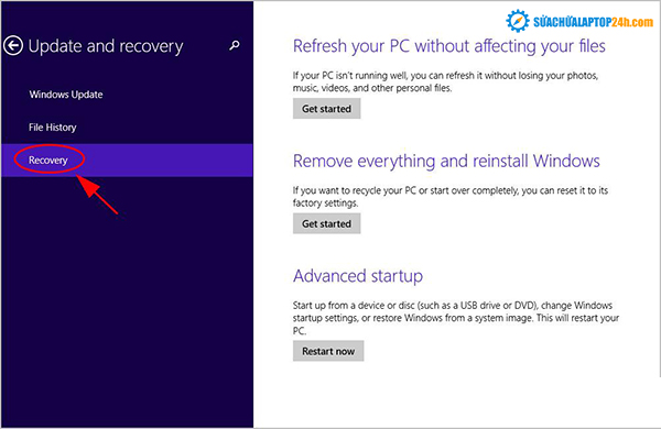 Chọn Recovery ở bên trái